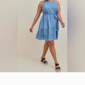NW Torrid Denim Blue Chambray High Neck Tiered Skater Dress Removable Belt Tie